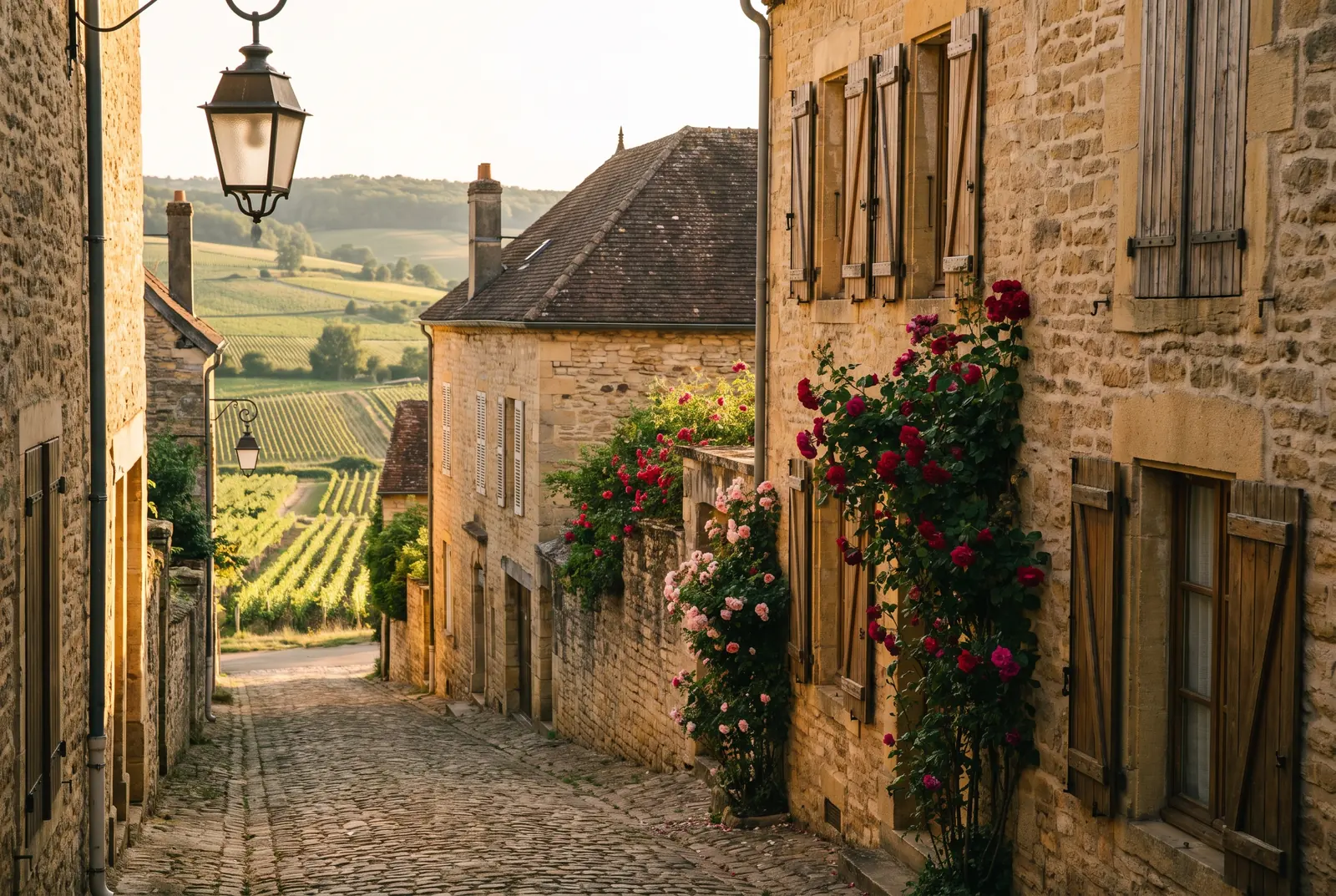 Ruelle fleurie d'un village viticole au coucher du soleil